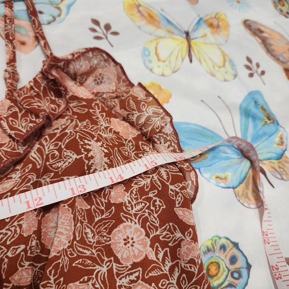 Womens Forever 22 Coral Fall Ruffle Dress Size Small with Floral and Leaf Design - Picture 8 of 10